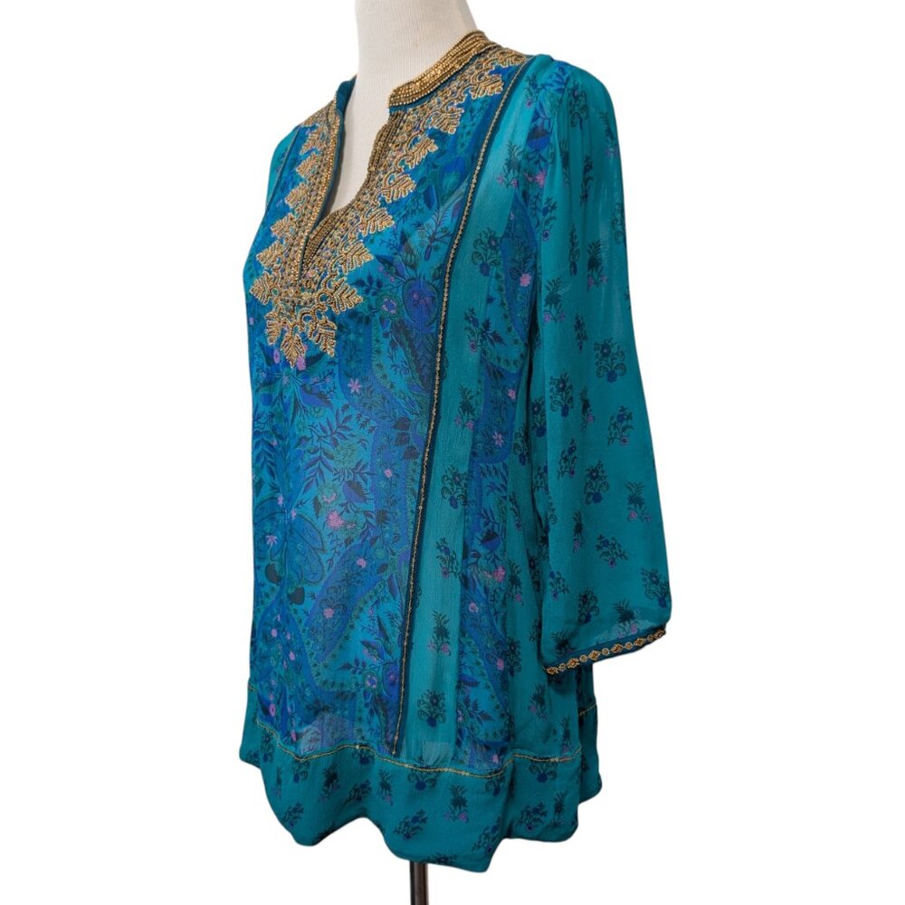 Soft Surroundings Womens Size S Bronte Blue Green Beaded Kaftan Tunic Top Flaw - Picture 2 of 11